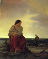 Femme de pêcheur en deuil sur la plage